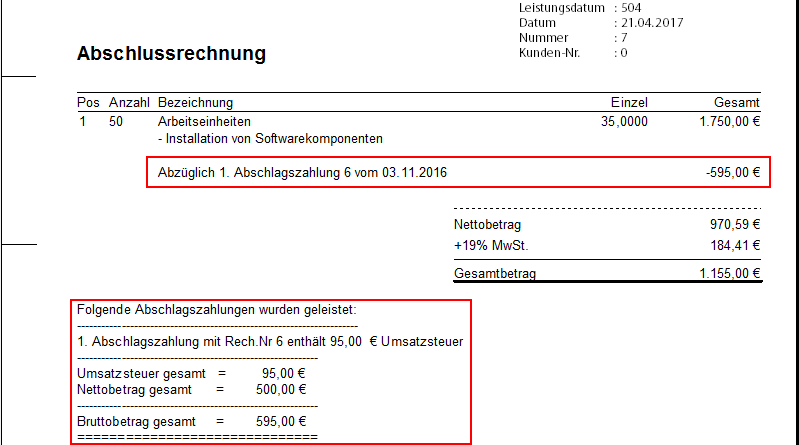 Abschlussrechnung im Online Rechnungsprogramm Auftrags-WEBManager