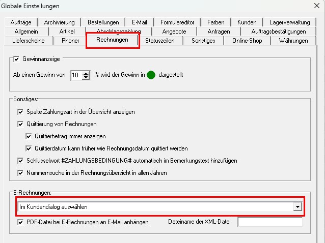 Dialog Gloabel Einstellungen für die Aktivierung der E-Rechnungen