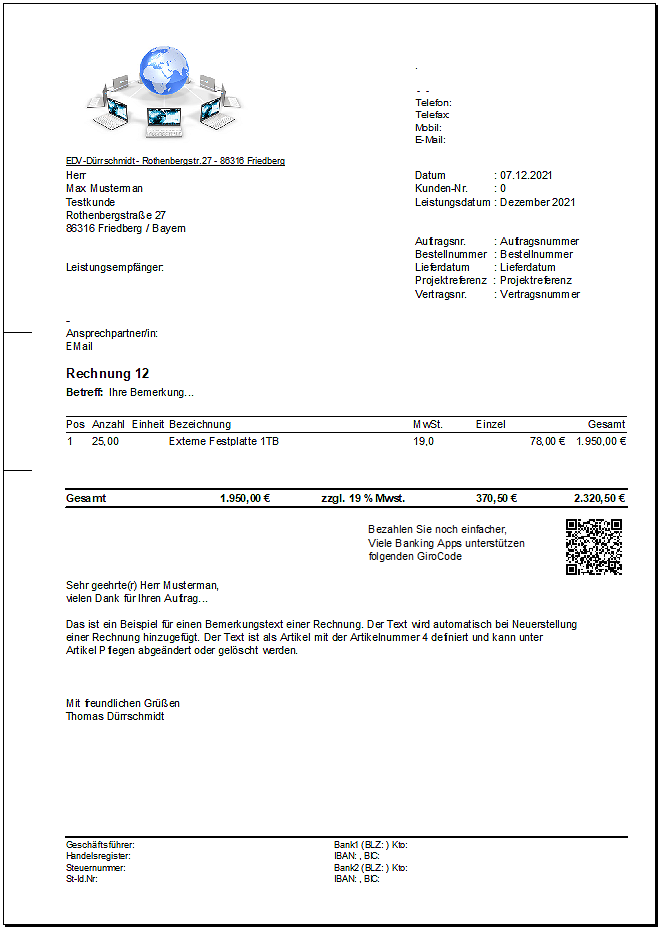Formularvorlage für Rechnungsprogramm Auftrags-MANAGER