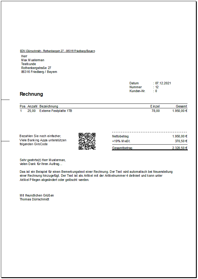 Formularvorlage für Rechnungsprogramm Auftrags-MANAGER