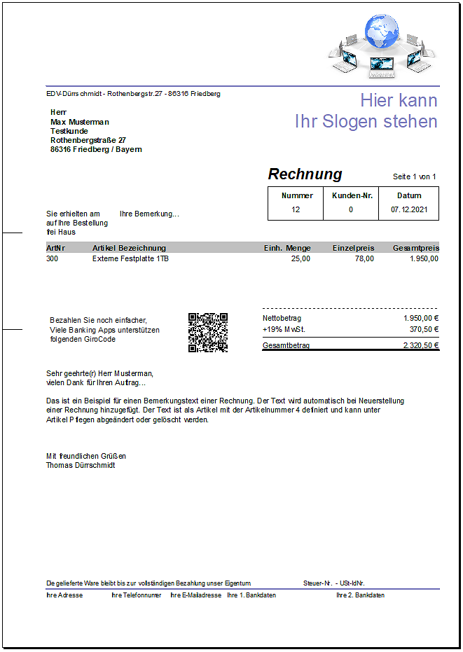 Formularvorlage mit QR-Code für GiroCode