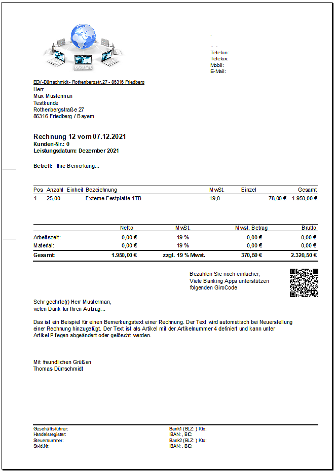 Formularvorlage für Rechnungsprogramm Auftrags-MANAGER